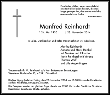Traueranzeige von Manfred Reinhardt von Rheinische Post