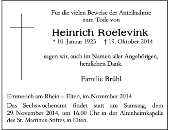 Traueranzeige von Heinrich R Roelevink von Rheinische Post