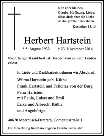 Traueranzeige von Herbert Hartstein von Rheinische Post
