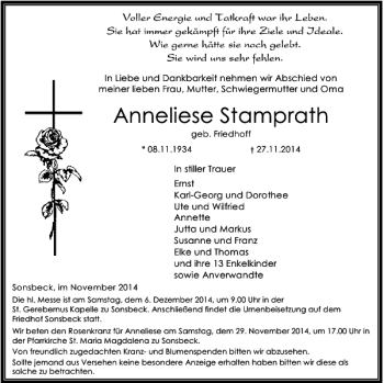 Traueranzeige von Anneliese Stamprath von Rheinische Post