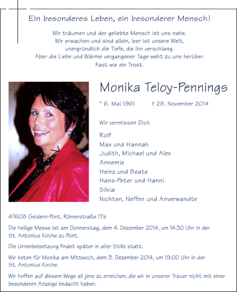  Traueranzeige für Monika Teloy-Pennings vom 01.12.2014 aus Rheinische Post