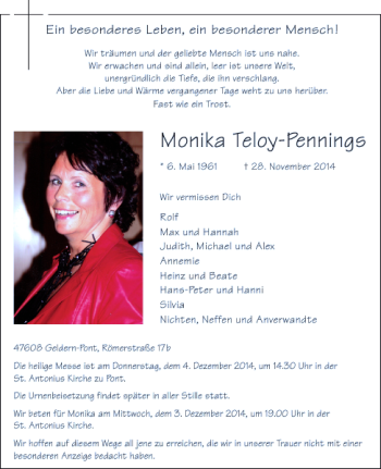 Traueranzeige von Monika Teloy-Pennings von Rheinische Post