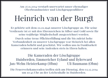 Traueranzeige von Heinrich van der Burgt von Rheinische Post