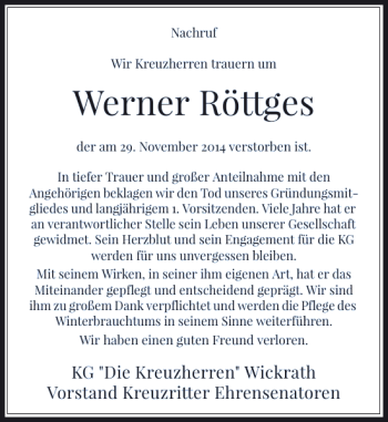 Traueranzeige von Werner Röttges von Rheinische Post