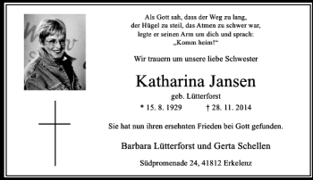 Traueranzeige von Katharina Jansen Katharina Jansen von Rheinische Post