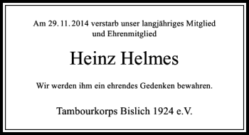 Traueranzeige von Heinz Helmes von Rheinische Post