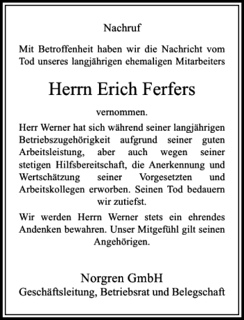 Traueranzeige von Erich Ferfers von Rheinische Post