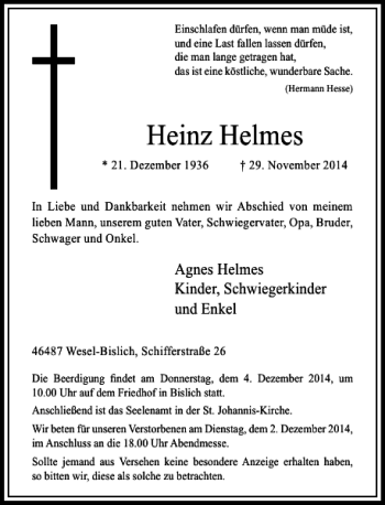 Traueranzeige von Heinz Helmes von Rheinische Post