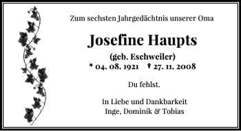 Traueranzeige von Josefine Haupts geb. Eschweiler von Rheinische Post