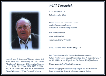 Traueranzeige von Willi Thoneick von Rheinische Post