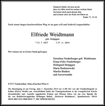 Traueranzeige von Elfriede Weidtmann von Rheinische Post