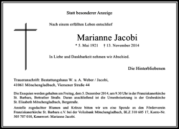 Traueranzeige von Marianne Jacobi von Rheinische Post