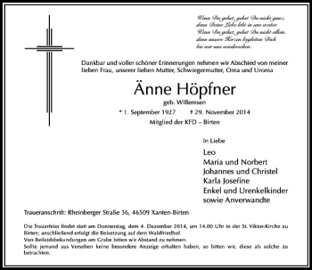 Traueranzeige von Änne Höpfner von Rheinische Post