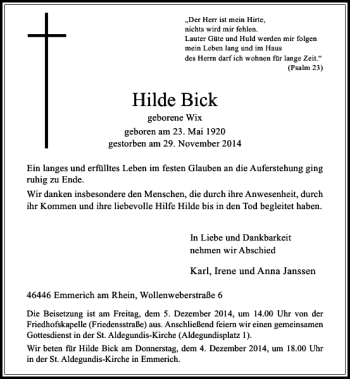 Traueranzeige von Hilde Bick von Rheinische Post