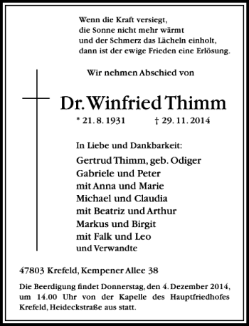 Traueranzeige von Dr.Winfried Thimm von Rheinische Post