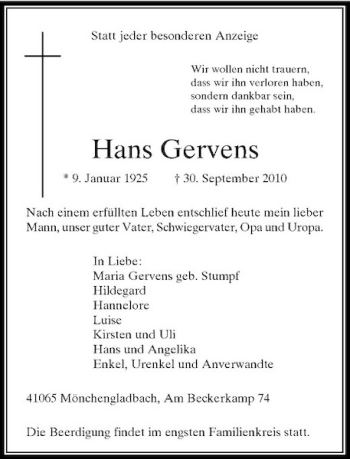 Traueranzeige von Hans Gervens von Rheinische Post