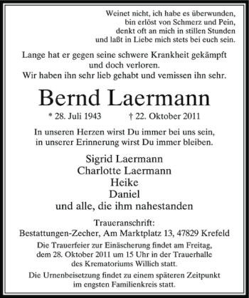 Traueranzeige von Bernd Laermann von Rheinische Post