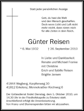 Traueranzeige von Günter Reisen von Rheinische Post