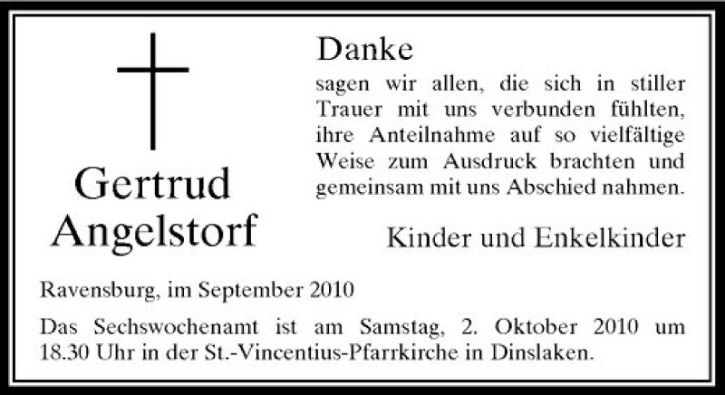  Traueranzeige für Gertrud Angelstorf vom 29.09.2010 aus Rheinische Post