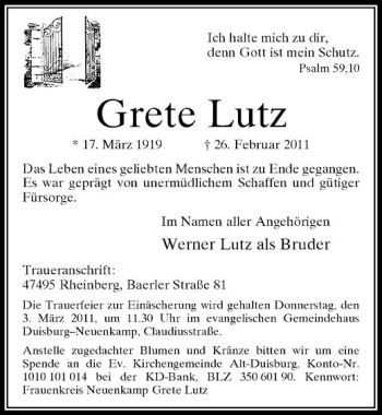 Traueranzeige von Grete Lutz von Rheinische Post