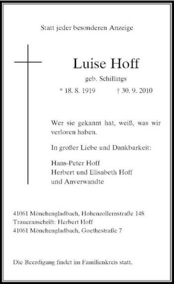 Traueranzeige von Luise Hoff von Rheinische Post