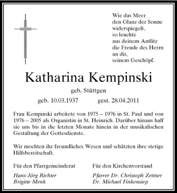 Traueranzeige von Katharina Kempinski von Rheinische Post