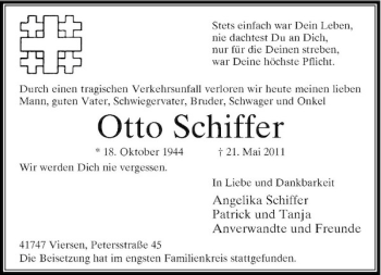 Traueranzeige von Otto Schiffer von Rheinische Post