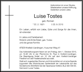 Traueranzeige von Luise Tostes von Rheinische Post