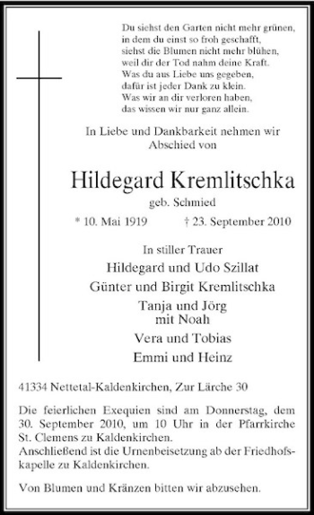 Traueranzeige von Hildegard Kremlitschka von Rheinische Post