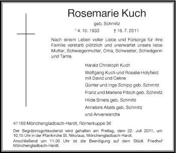 Traueranzeige von Rosemarie Kuch von Rheinische Post