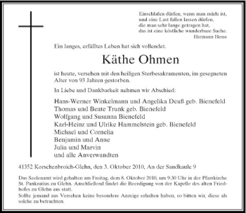 Traueranzeige von Käthe Ohmen von Rheinische Post