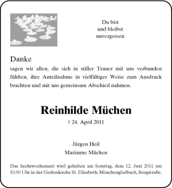 Traueranzeige von Reinhilde Müchen von Rheinische Post