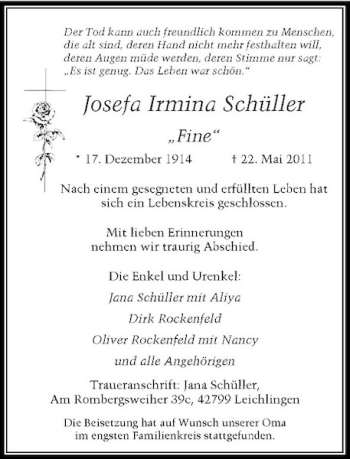 Traueranzeige von Josefa Schüller von Rheinische Post