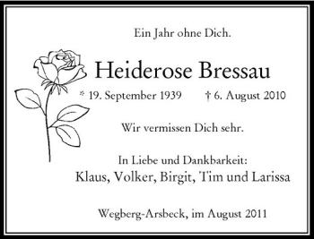 Traueranzeige von Heiderose Bressau von Rheinische Post