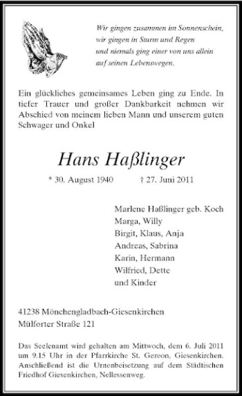 Traueranzeige von Hans Haßlinger von Rheinische Post