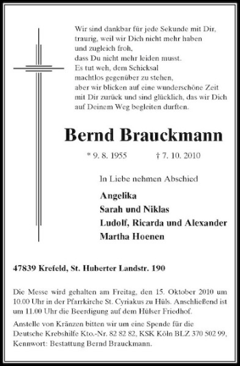 Traueranzeige von Bernd Brauckmann von Rheinische Post