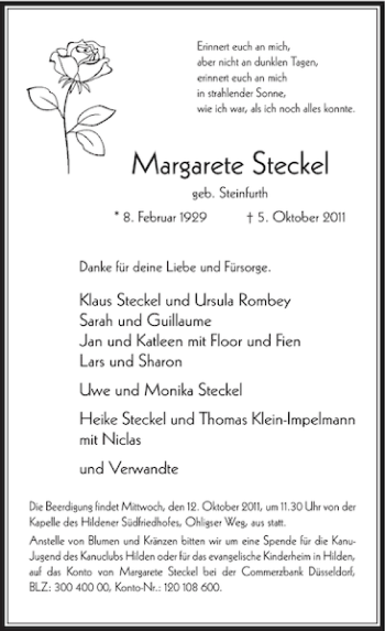 Traueranzeige von Margarete Steckel von Rheinische Post