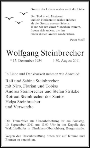 Traueranzeige von Wolfgang Steinbrecher von Rheinische Post