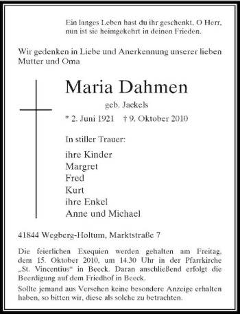 Traueranzeige von Maria Dahmen von Rheinische Post
