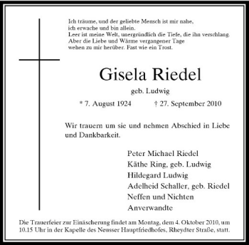 Traueranzeige von Gisela Riedel von Rheinische Post