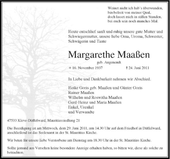 Traueranzeige von Margarethe Maaßen von Rheinische Post