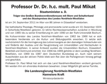 Traueranzeige von Professor Dr. Dr. h.c. mult. Paul Mikat Professor von Rheinische Post