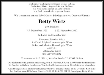 Traueranzeige von Betty Wirtz von Rheinische Post