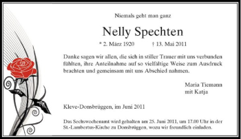 Traueranzeige von Nelly Spechten von Rheinische Post