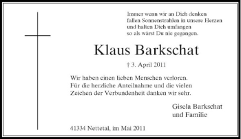 Traueranzeige von Klaus Barkschat von Rheinische Post