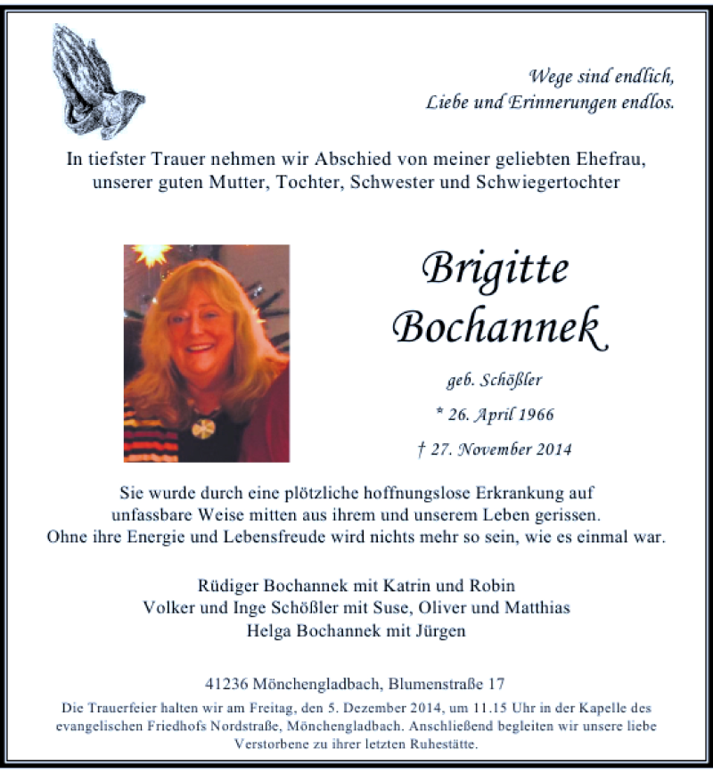  Traueranzeige für Bochannek Brigitte vom 03.12.2014 aus Rheinische Post