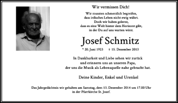 Traueranzeige von Josef Schmitz von Rheinische Post