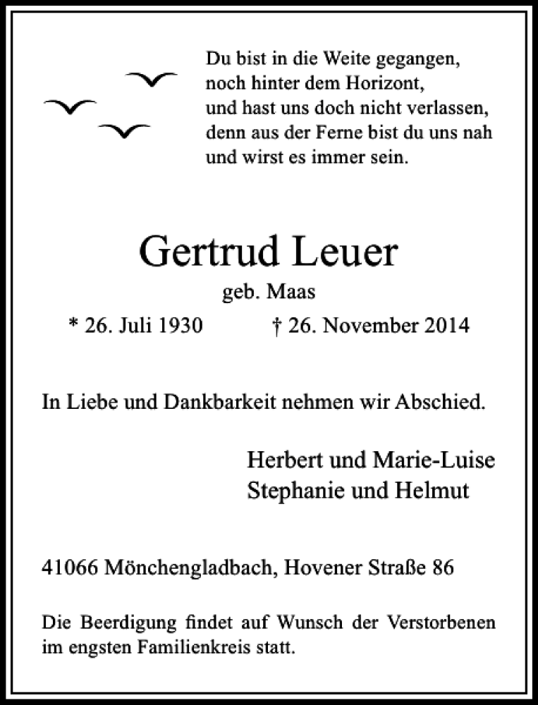  Traueranzeige für Gertrud Leuer vom 06.12.2014 aus Rheinische Post