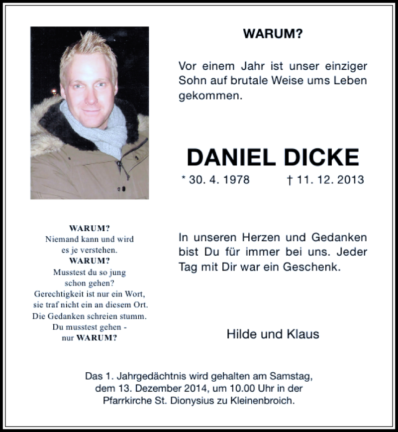  Traueranzeige für Daniel Dicke vom 06.12.2014 aus Rheinische Post