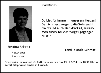 Traueranzeige von Bettina Schmitt von Rheinische Post